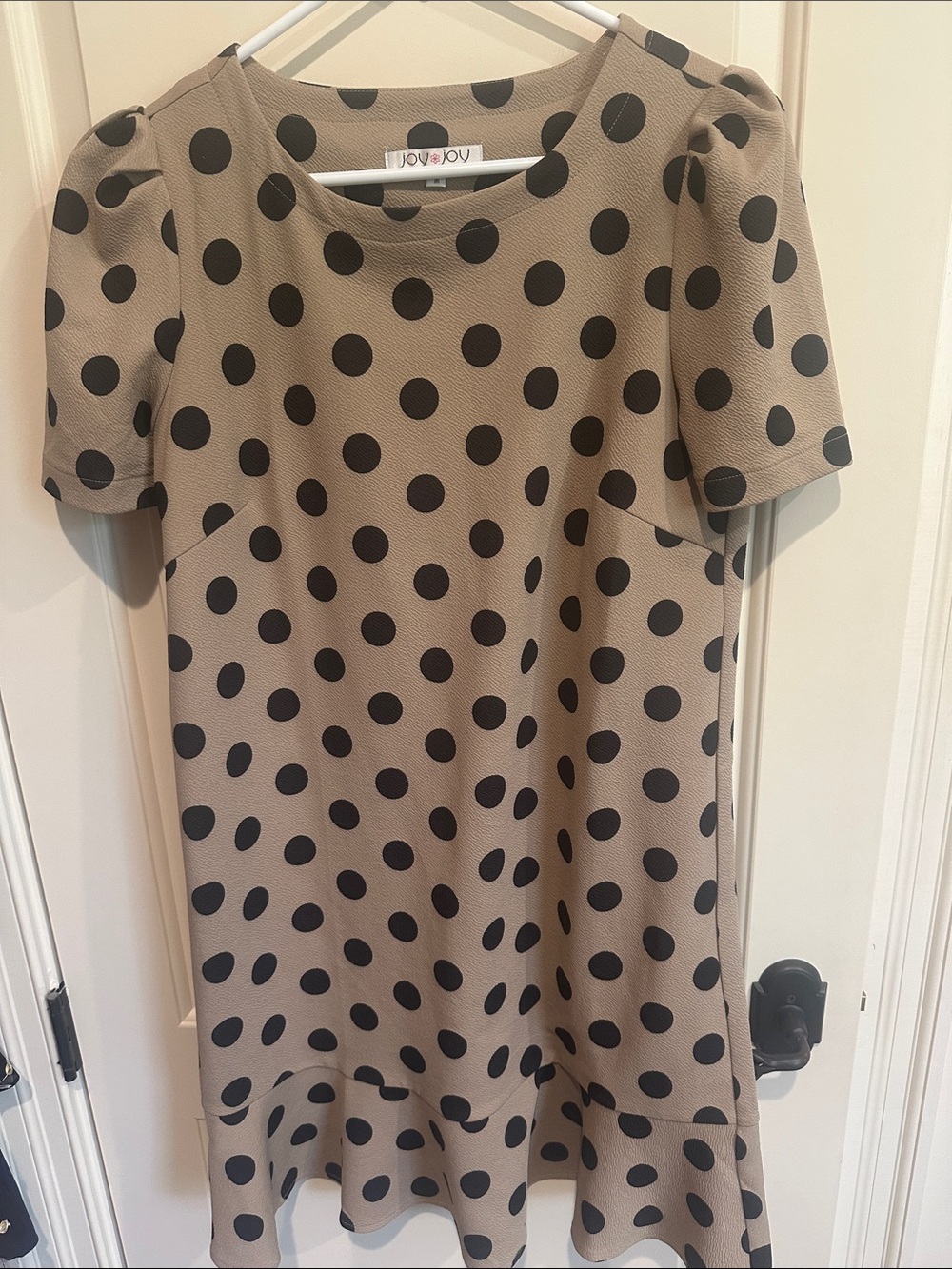 Joy Joy Tan Dress with Black Polka Dots